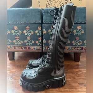 New Rock steel tower black leather flame boots knee calf lace up punk metal
